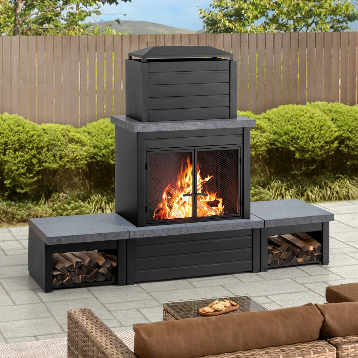 download (35) Sunjoy Outdoor Fireplace, Patio Wood Burning Steel Fireplace with Chimney - Image 1