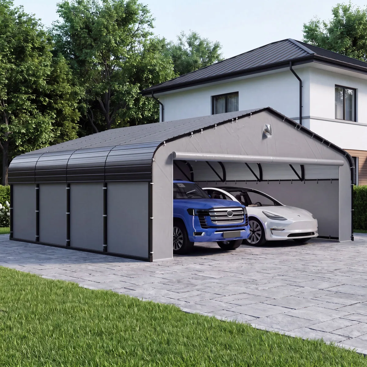 download (36) 20' W x 20' D Heavy-Duty Galvanized Steel Carport with Grey Removable Sidewalls & Solar Light - Image 1