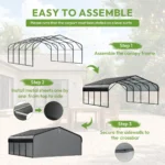 20' W x 20' D Heavy-Duty Galvanized Steel Carport with Grey Removable Sidewalls & Solar Light - Image 7