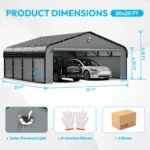 19.46 ft. W x 19.13 ft. D Heavy Duty Metal Frame Carport with Solar Lamp, Outdoor Garage Car Shelter - Image 9