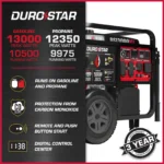 DuroStar DS13000MX 13,000W/10,500W Dual Fuel Portable Generator - Image 2