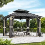 Modern Shade Hardtop Gazebo 10' X 12' With 4 Led Lights, Permanent Gazebo With Double Galvanized Steel Roof For Outdoor Backyard, Black 10'x12'
